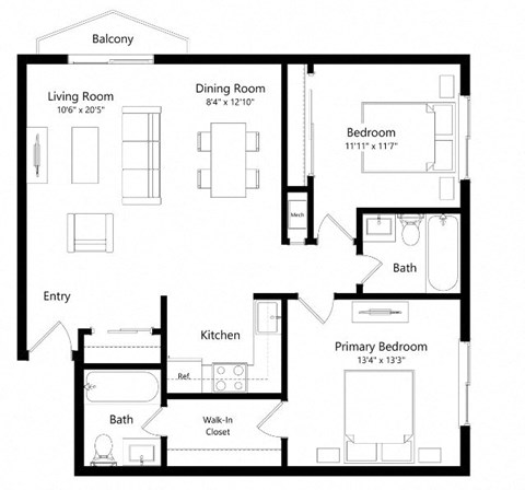 Floor plan for 2 beds, 2 baths, 1013 sqft